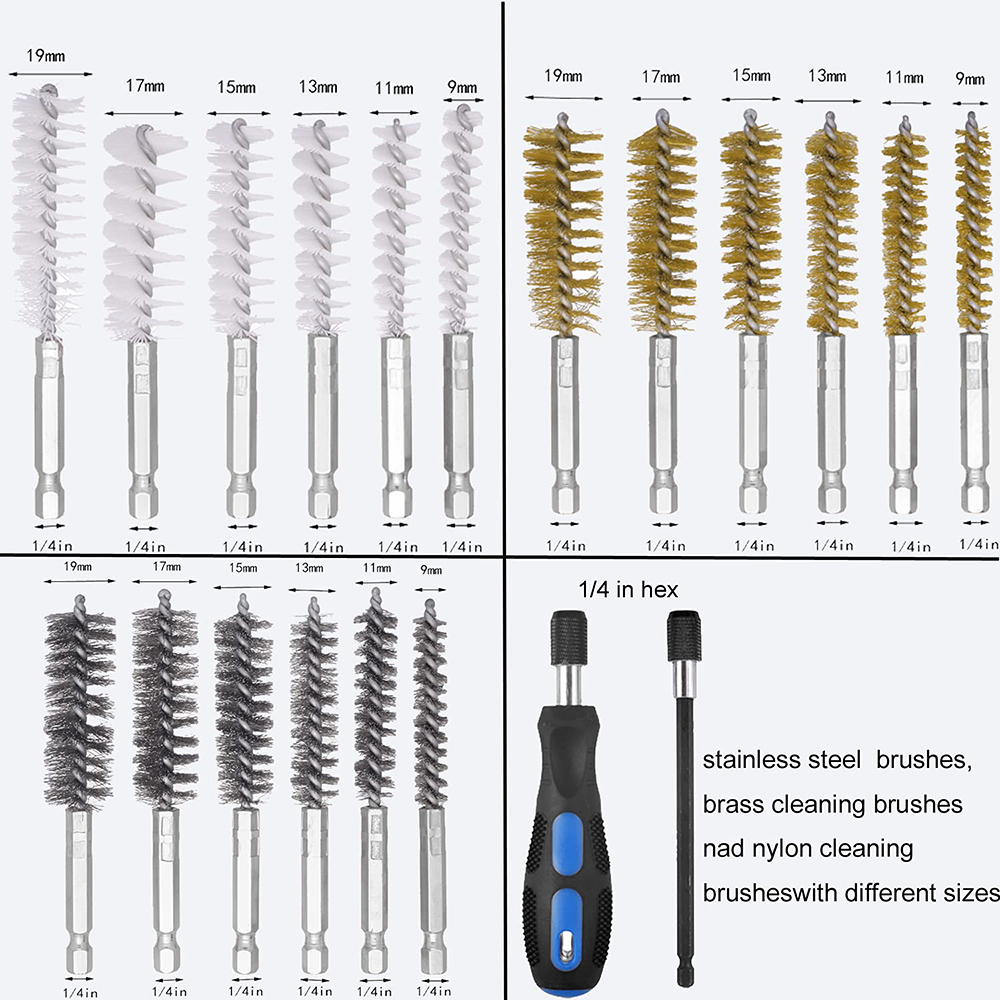 Auto Wire Brush 18-Pack Bore Brush Set Variety of Size Stainless Steel, Brass, Nylon Twisted for Cleaning Rust, 1/4in Hex Drill Shank for Power Drill Impact Driver with Handle, Extension Bar, Tool Bag
