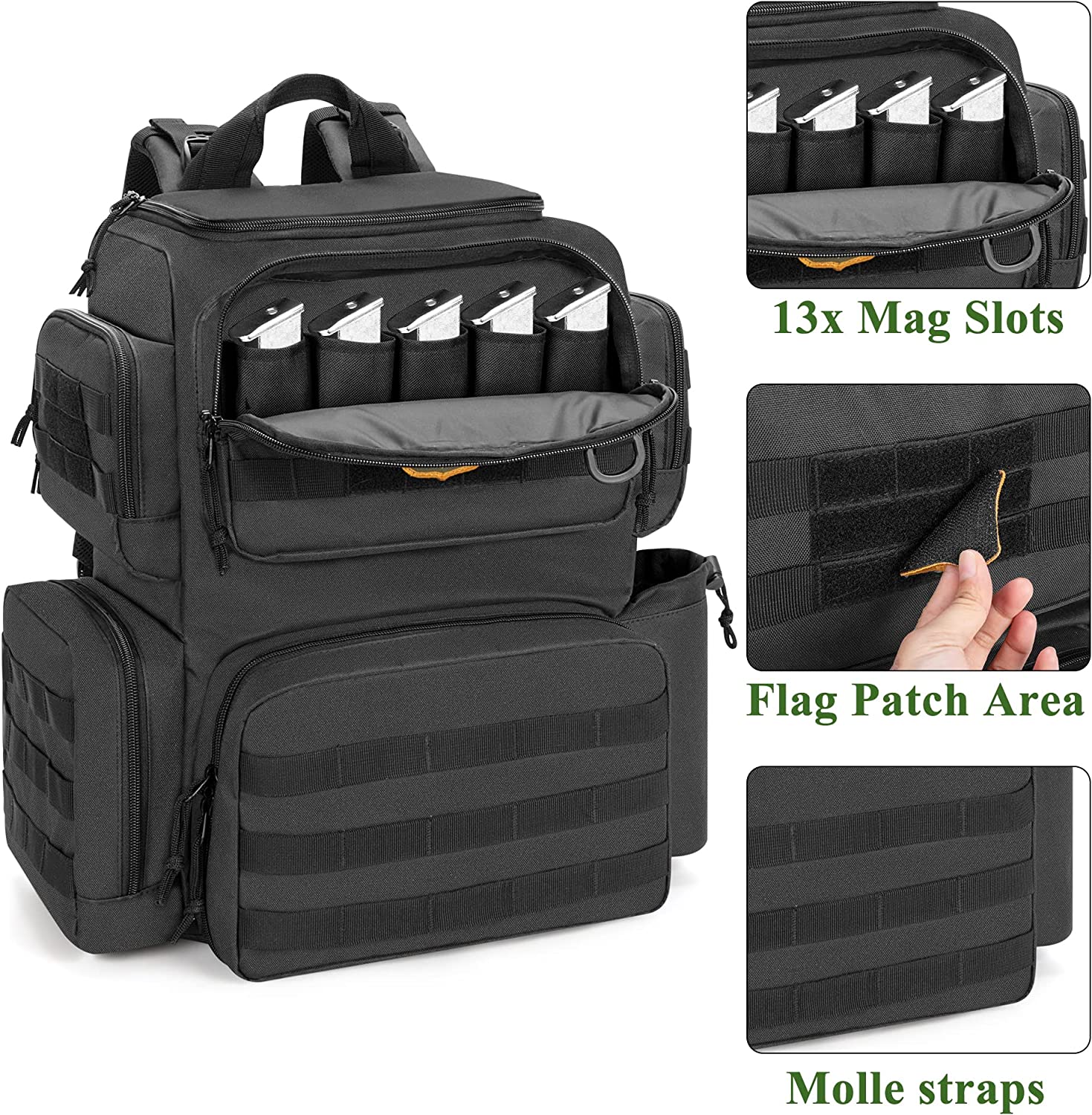 Tactical Pistol Backpack with 3 Pistol Cases for 6 Handguns, Gun Backpack with 13x Magazine Slots for Shooting and Hunting