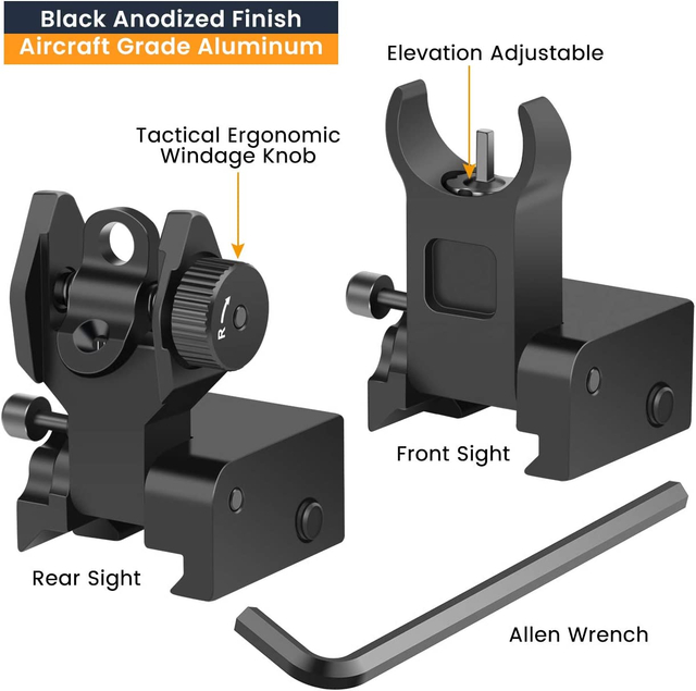 Flip Up Rear Front and Iron Sights Best Backup fits Picatinny & Weaver Rails Black