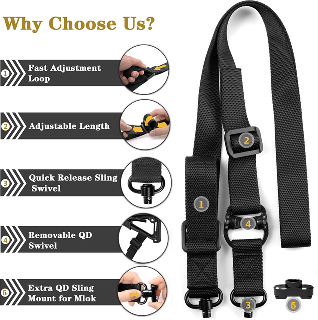 Rifle Sling 2 Point Sling Quick Adjust with QD Sling Swivels, 2 PCS QD for Mlok Rail, Two Point Sling Gun Sling Strap with Fast Adjust Loop Quick Release Sling Attachment