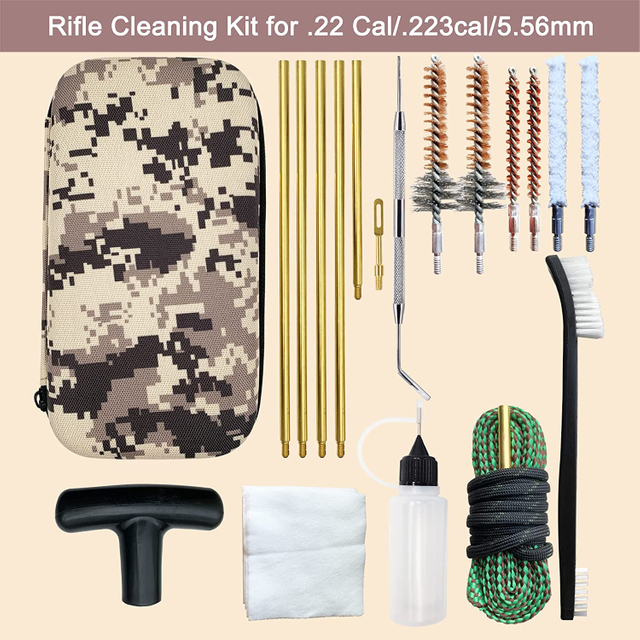 Rifle Pistol Gun Cleaning Kit for 22LR .22 Cal with Gun Snakes, Bore Chamber Brushes, 32inch Brass Cleaning Rod, Cotton mop, in Compact Zippered Case