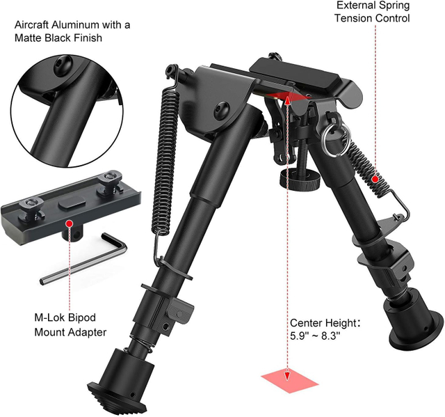 Tactical Rifle Bipod | 6-9 Inch Adjustable, Tiltable Foldable with Quick Release S-Lock