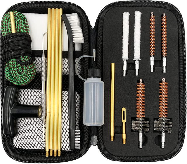 Rifle Pistol Gun Cleaning Kit for 22LR .22 Cal with Gun Snakes, Bore Chamber Brushes, 32inch Brass Cleaning Rod, Cotton mop, in Compact Zippered Case